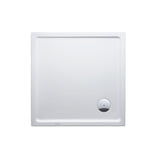 Receveur de douche blanc Duravit, carré, bonde ronde visible sur le côté
