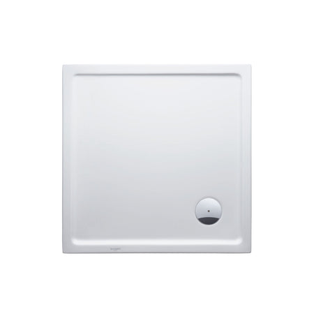 Receveur de douche blanc Duravit, carré, bonde ronde visible sur le côté