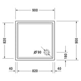 Receveur de douche blanc Hansgrohe, schéma carré avec bonde de 90 mm, dimensions 90x90 cm