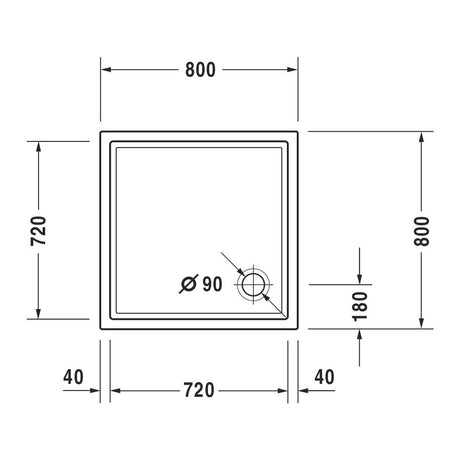 Receveur de douche carré Grohe, blanc, dimensions 800x800 mm, schéma technique.