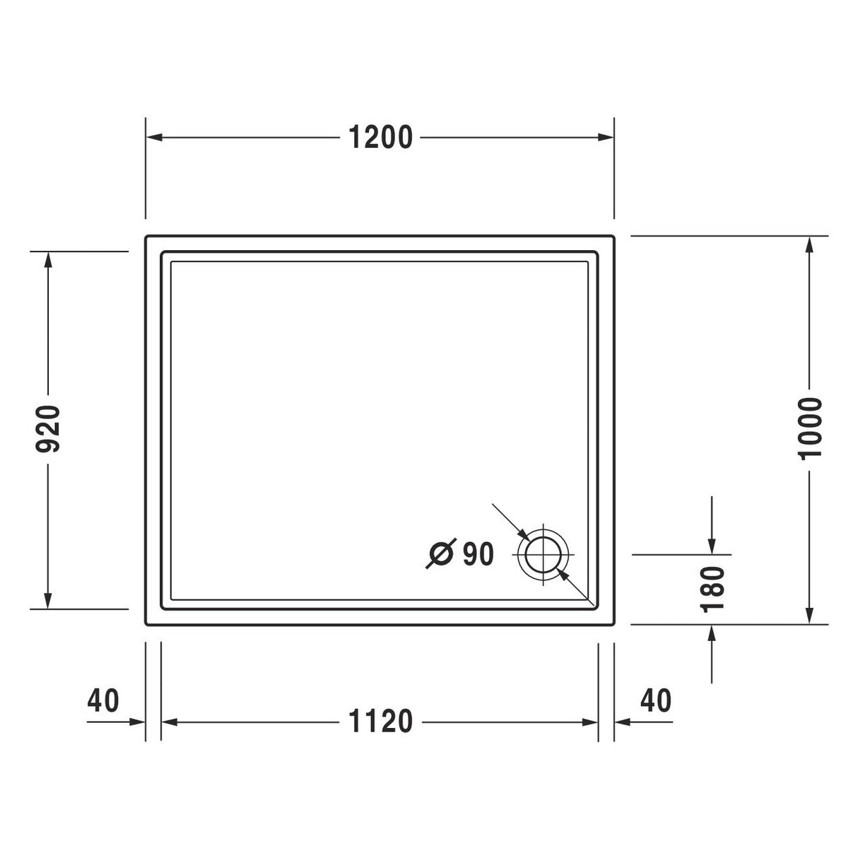 Receveur de douche blanc Grohe, plan avec dimensions 120x92 cm, évacuation 90 mm.