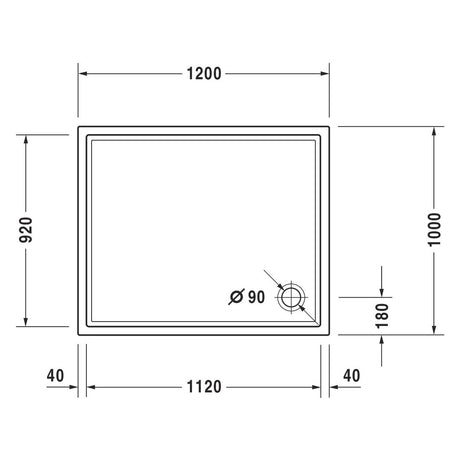 Receveur de douche blanc Grohe, plan avec dimensions 120x92 cm, évacuation 90 mm.