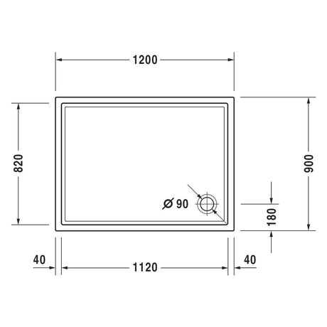 Receveur de douche blanc Grohe, dimensions 1200x900 mm, schéma technique détaillé