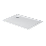 Receveur de douche blanc, marque Duravit, forme rectangulaire, bonde visible.