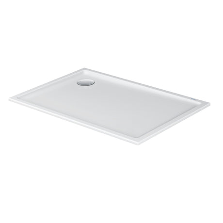 Receveur de douche blanc, marque Duravit, forme rectangulaire, bonde visible.