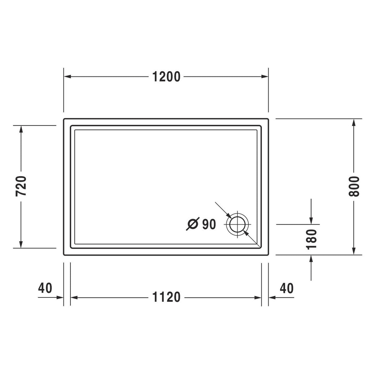 Receveur de douche blanc Grohe, rectangulaire, schéma avec dimensions détaillées.