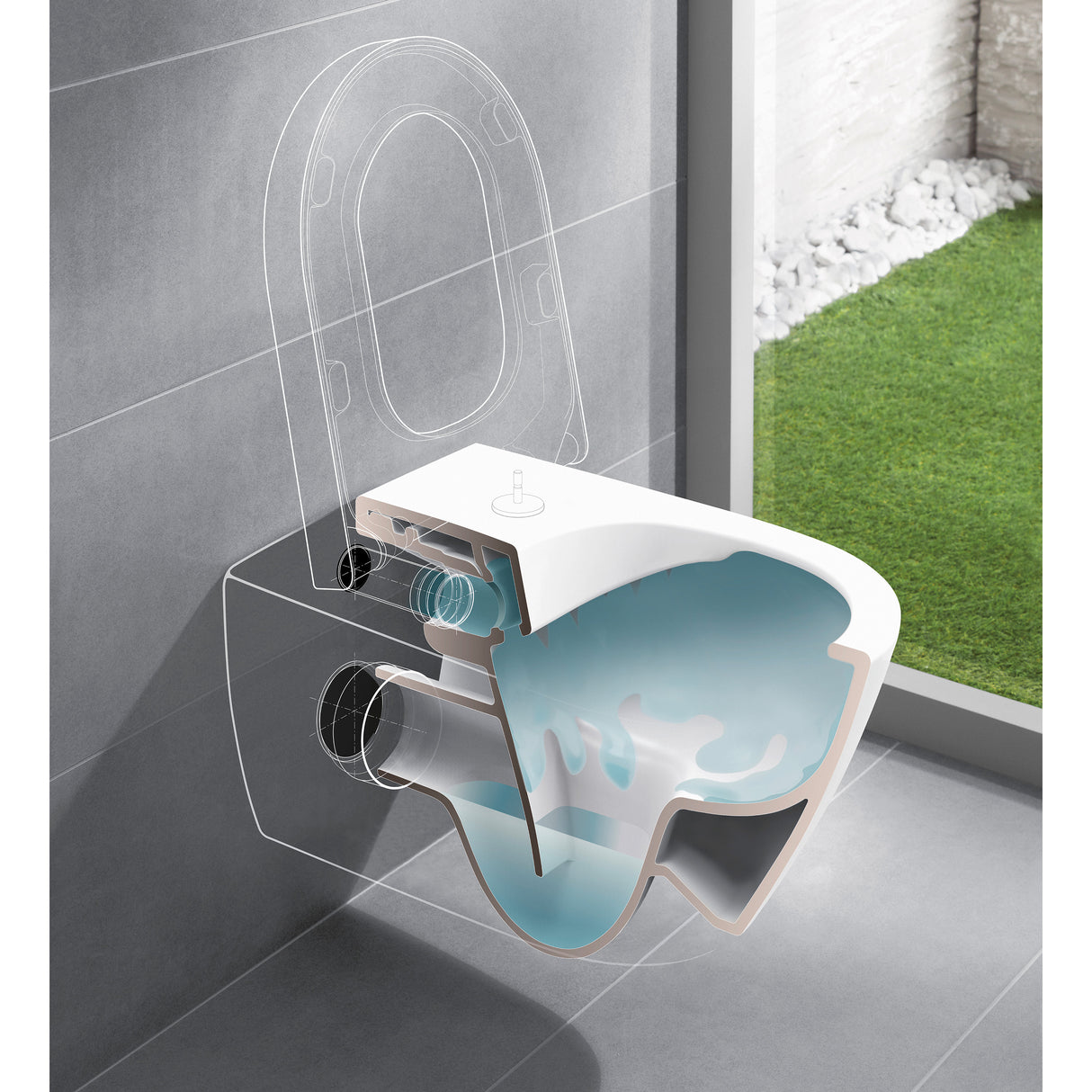 Toilette suspendue blanche Grohe, coupe technique, produit sanitaire moderne