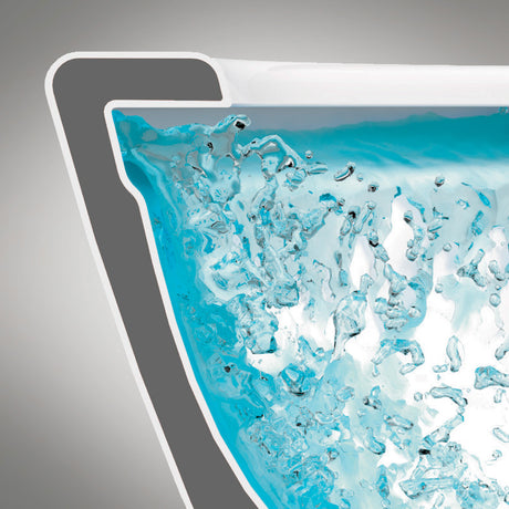 Vue en coupe d'une baignoire blanche Grohe remplie d'eau bleue, avec effet tourbillon visible.