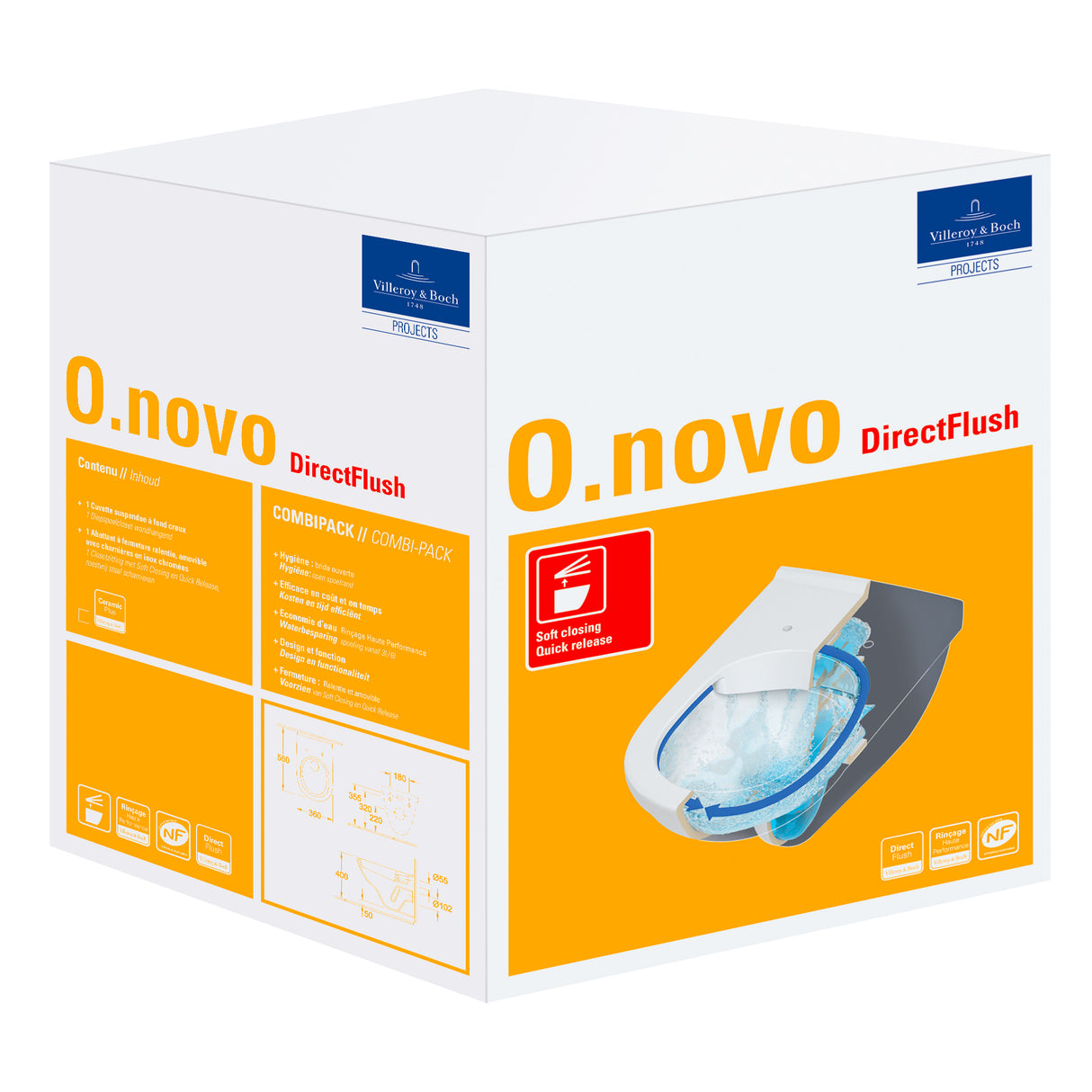 Cuvette WC blanche Villeroy & Boch O.novo DirectFlush, emballage produit visible.
