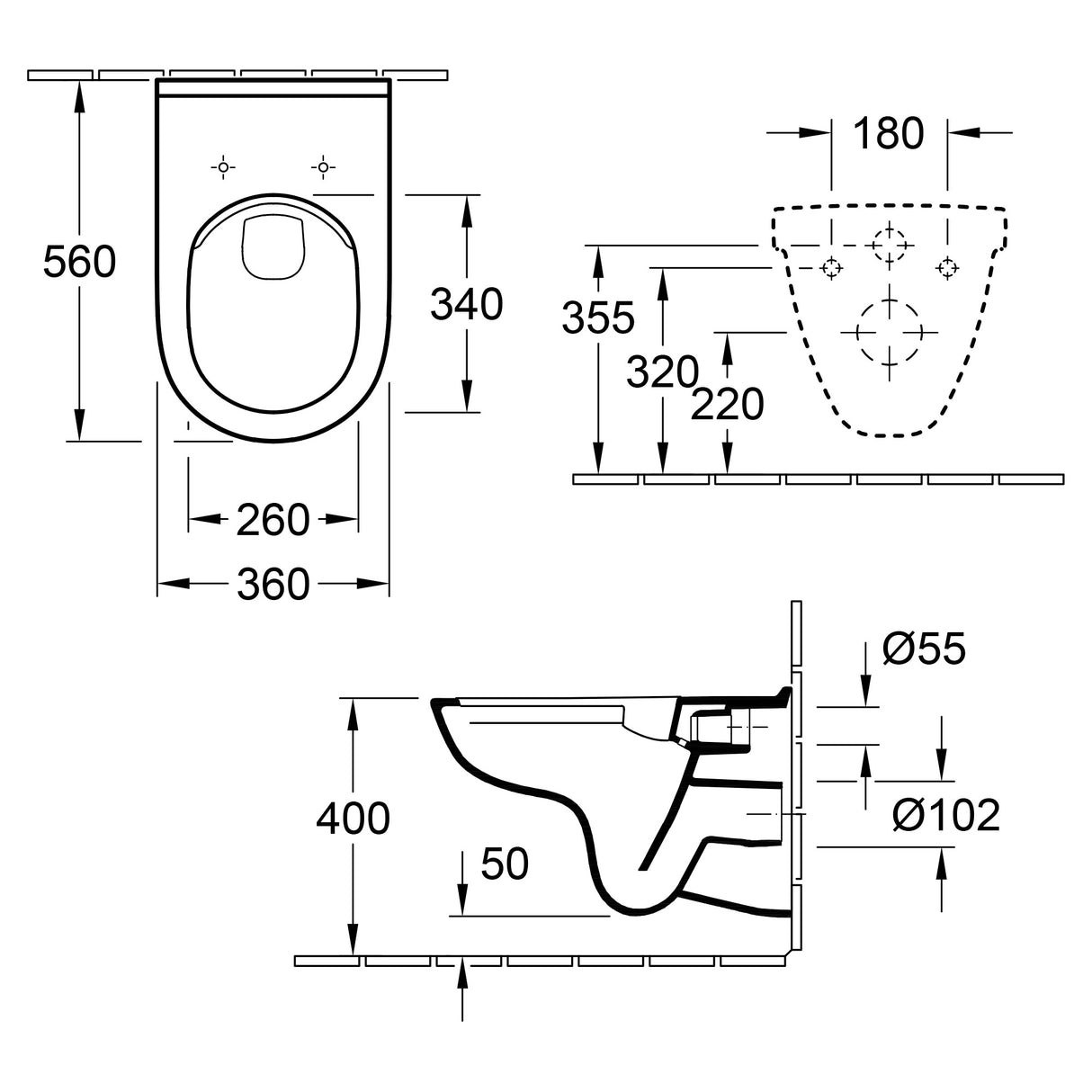 Schéma technique WC suspendu blanc Grohe avec dimensions détaillées.