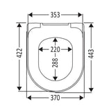 Schéma technique abattant WC blanc Grohe avec dimensions détaillées.
