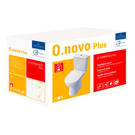 Pack WC blanc Villeroy & Boch O.novo Plus, toilette compacte en céramique, présentation sur boîte jaune.