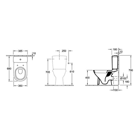 Schéma technique WC Grohe blanc, dimensions détaillées, vue avant et côté.
