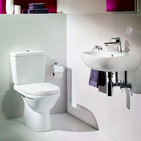WC blanc Roca, type toilette en céramique, couleur blanche, dans une salle de bain moderne