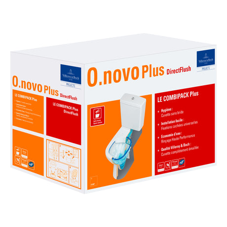 Pack WC blanc Villeroy & Boch O.novo Plus, cuvette DirectFlush visible sur la boîte.