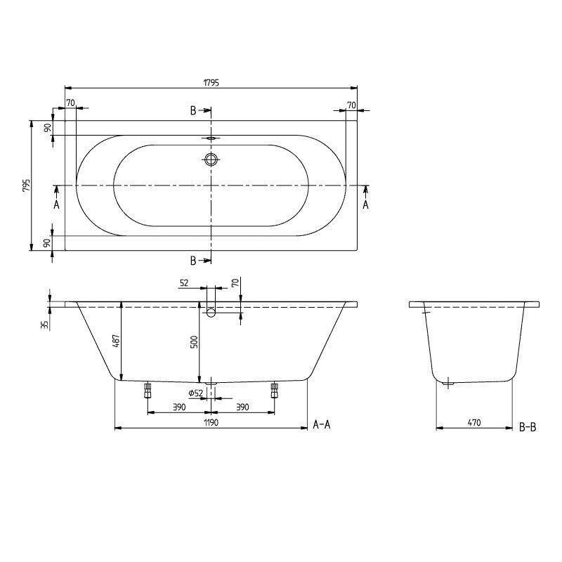 Plan technique baignoire blanche Grohe, vue de dessus et de côté, dimensions détaillées.