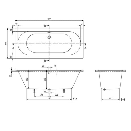 Plan technique baignoire blanche Grohe, vue de dessus et de côté, dimensions détaillées.