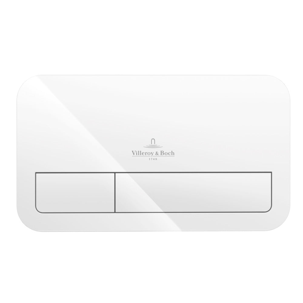 Plaque de commande Villeroy & Boch blanche pour WC, design moderne, rectangulaire.