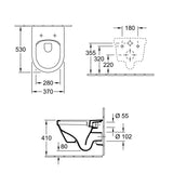 Plans techniques WC suspendu Grohe blanc avec cotes, vue de dessus et de côté.