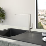 Mitigeur Grohe, robinet de cuisine, couleur inox brossé, design moderne.