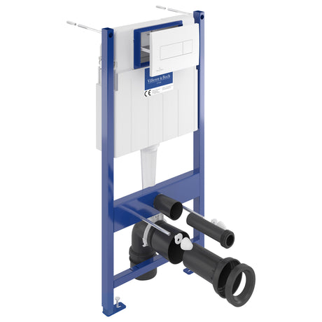 Bâti support WC suspendu Villeroy & Boch, structure bleue et blanche, plomberie sanitaire.