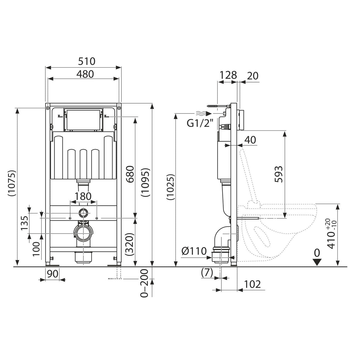 Bâti-support Grohe, châssis WC suspendu, acier, couleur argent, schéma technique.