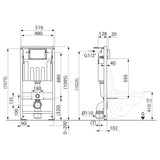 Bâti-support Grohe, châssis WC suspendu, acier, couleur argent, schéma technique.