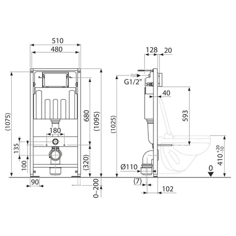 Bâti-support Grohe, châssis WC suspendu, acier, couleur argent, schéma technique.