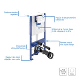 Bâti-support WC suspendu Villeroy & Boch, acier bleu, plaque de déclenchement blanche.
