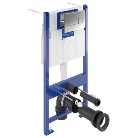 Bâti-support WC Villeroy & Boch, structure bleue, plaques grises et tuyauterie noire.
