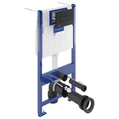 Bâti support WC Villeroy & Boch, structure bleue, plaque noire, réservoir blanc.