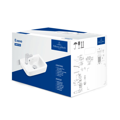 Pack lavabo blanc Villeroy & Boch O.novo, kit sanitaire complet, boîte bleue et blanche