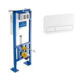 Bâti-support WC Villeroy & Boch blanc avec plaque de commande, structure bleue.