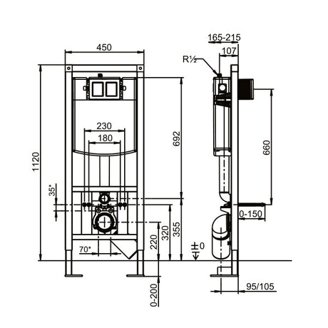 Bâti-support Grohe, châssis WC suspendu, couleur noire, schéma technique avec dimensions.