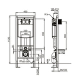 Schéma technique bâti-support Grohe, structure métallique noire, pour WC suspendu.