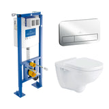 Pack WC suspendu Villeroy & Boch, blanc, avec bâti-support et plaque de commande chromée.