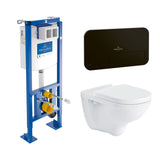 Pack WC suspendu Villeroy & Boch blanc avec plaque de commande noire, châssis bleu.