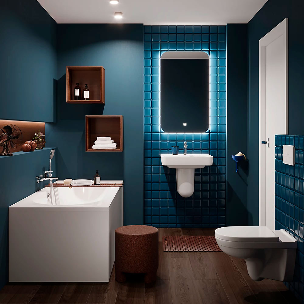 Salle de bain moderne couleur bleu, baignoire blanche, WC suspendu Grohe.