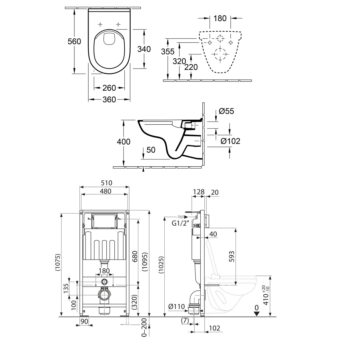 Schéma technique WC suspendu Grohe couleur blanche, dimensions détaillées.