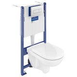 WC suspendu blanc Villeroy & Boch, bâti-support bleu pour toilettes murales.