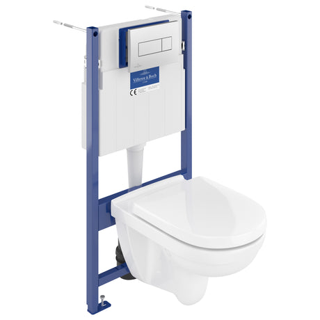 WC suspendu blanc Villeroy & Boch, bâti-support bleu pour toilettes murales.
