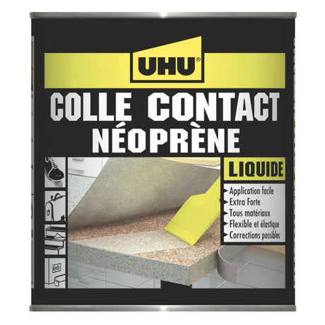 UHU Contact Néoprène liquide - Colle super forte universelle et liquide, adhère immédiatement, transparente, pot 215g