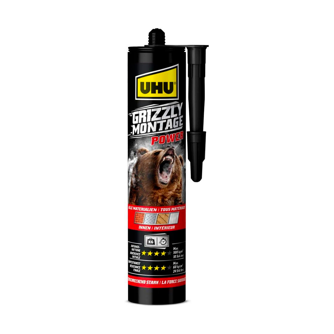 UHU Grizzly Power - Colle de fixation et montage rapide, ultra forte, prise initiale très élevée, sans solvants, blanche, cartouche 370g