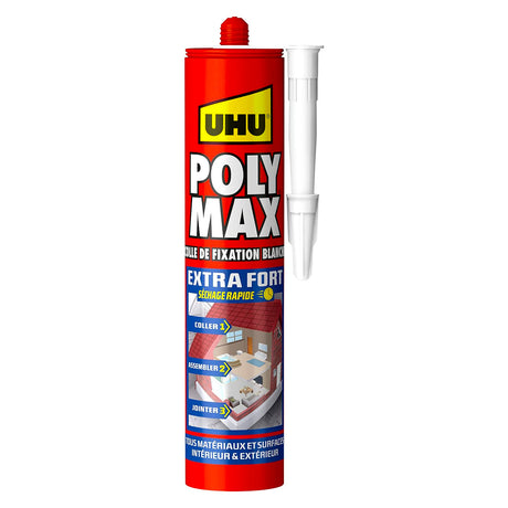 UHU Polymax extra fort- Mastic/colle de fixation MSP pour coller, assembler et jointer, séchage rapide, sans solvants, blanc, cartouche 425 g