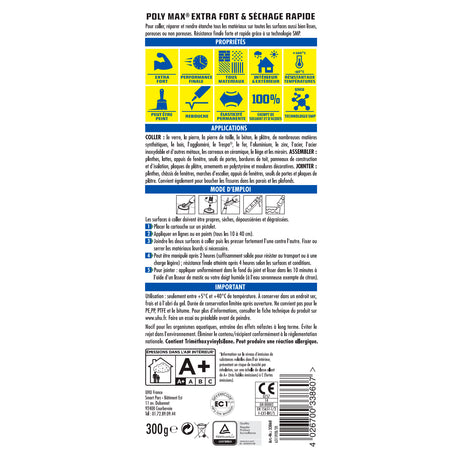 UHU Polymax extra fort invisible- Mastic/colle MSP pour coller, assembler et jointer, séchage rapide, sans solvants, transparent, cartouche 300 g