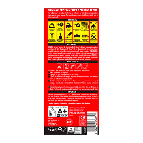 UHU Polymax prise immédiate- Mastic/colle MSP pour coller, assembler et jointer, toutes surfaces, ultra solide, sans solvants, blanc, cartouche 425 g