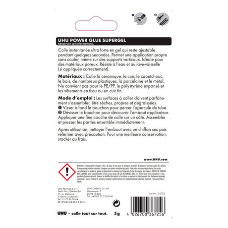UHU Power glue gel - Colle instantanée ultra rapide et forte, ne coule pas, sans solvants, transparente, tubes 2x3g
