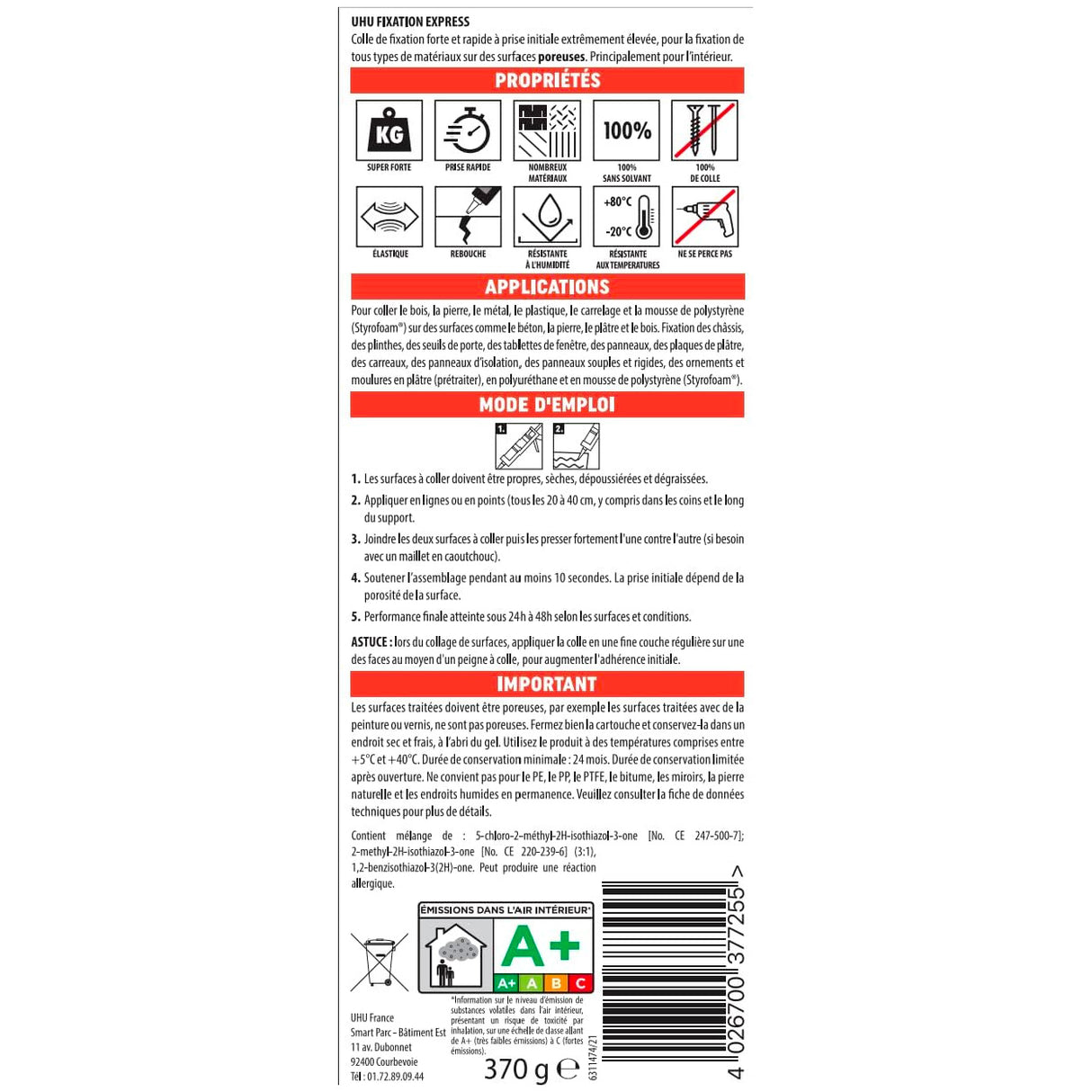 UHU Fixation express - Colle de montage ultra forte et rapide, blanche, cartouche 370g