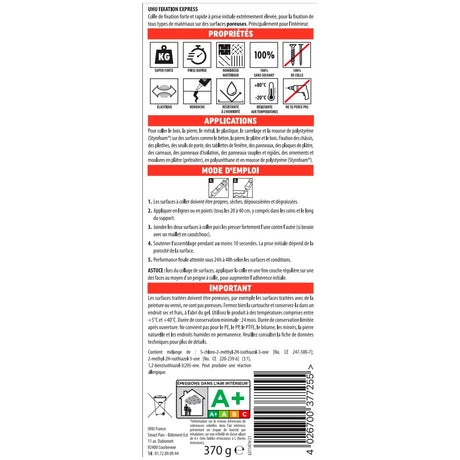 UHU Fixation express - Colle de montage ultra forte et rapide, blanche, cartouche 370g