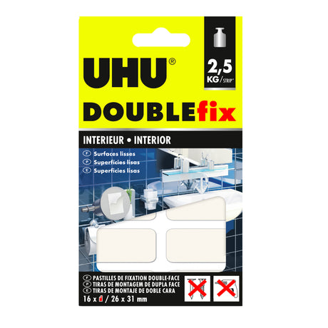 UHU Doublefix intérieur extra fort -  Ruban adhésif double face, ultra puissant, blanc, 16 pastilles